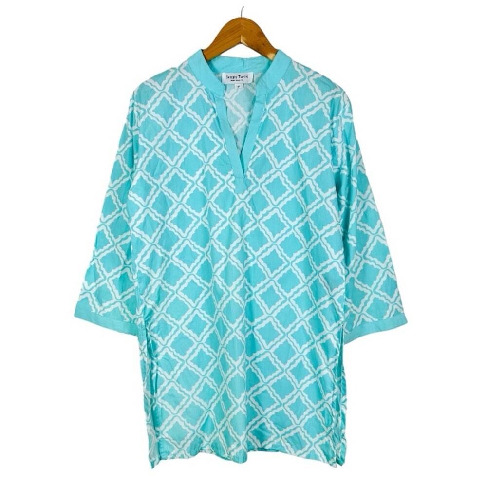 Cape Madras Womens Beach Tunic Cover-up Size Medium 100% Cotton Aqua Geo Print